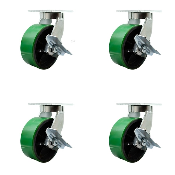 Service Caster 8'' Heavy Duty Green Poly on Cast Iron Caster Set with Brake and Swivel Lock, 4PK CRAN-SCC-KP92S830-PUR-GB-SLB-BSL-4 - main